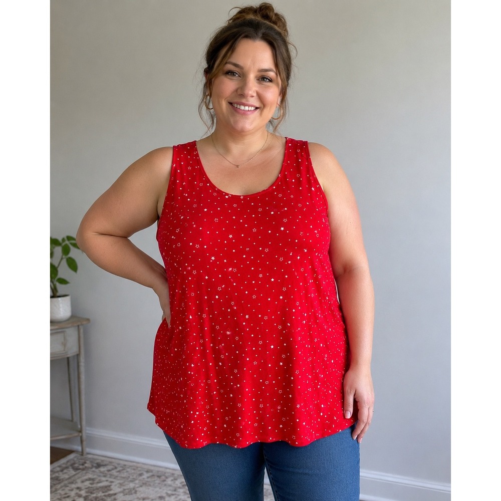 Faded Glory Womens 2X Red Star Print Sleeveless Tank Top Blouse FGW27417PR